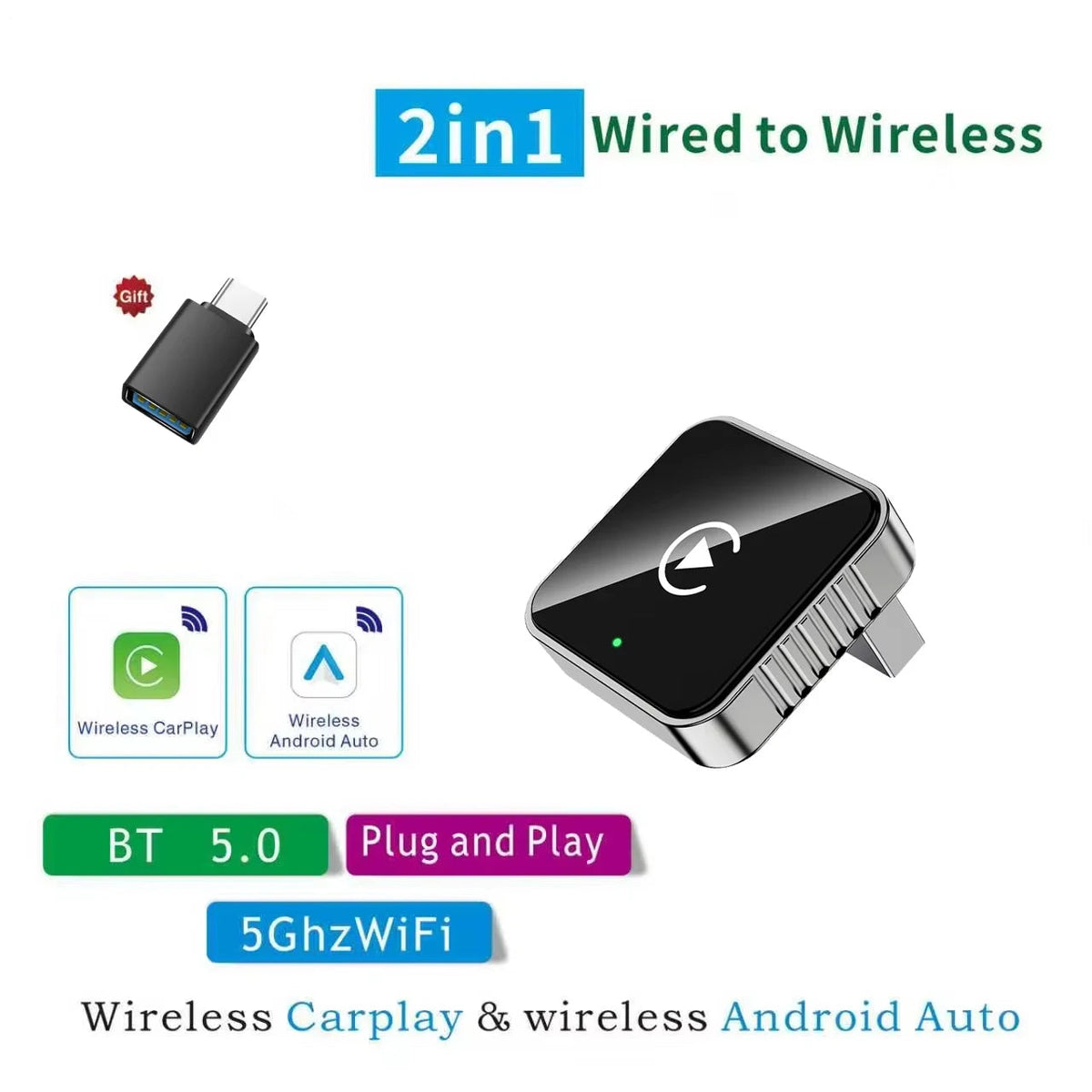2 in 1 Wired to Wireless Carplay Android Auto Adapter for OEM Car Stereo with USB Dongle Mini Box Plug and Play Bluetooth